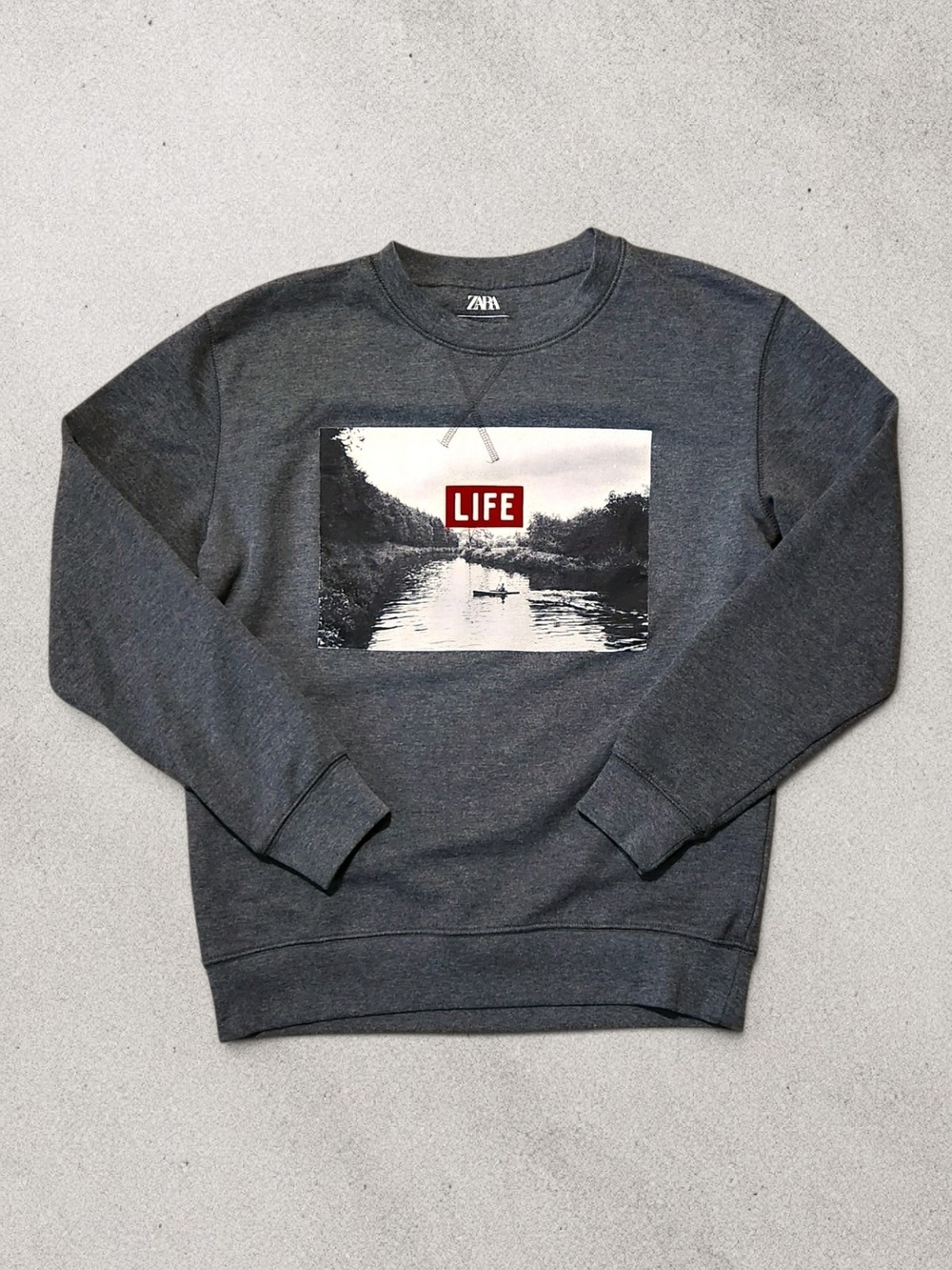 ZARA Men's Grey 'LIFE' Graphic Crewneck Sweatshirt With River Photo